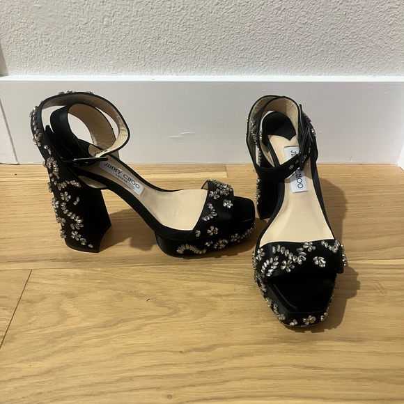 Jimmy Choo Jax Crystal-Embellished Satin Platform Sandals - Picture 1 of 7